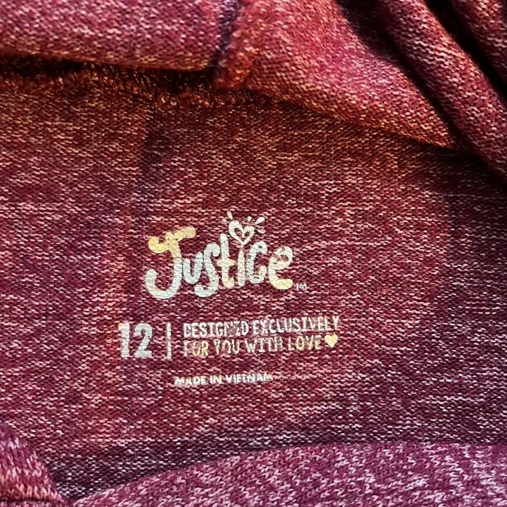 Justice heathered burgundy hooded top with silver glitter rings on sleeve